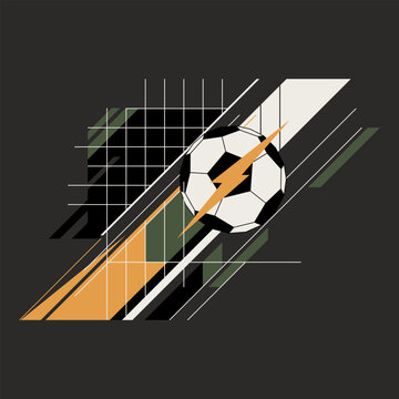 Abstract geometric shooting soccer ball on gray square background have blank space.