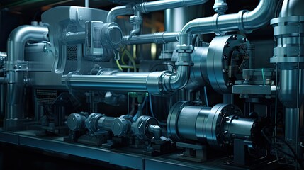 Obraz premium Industrial equipment with complex piping and machinery creating a sophisticated system for manufacturing processes, highlighting the precision and power of contemporary engineering