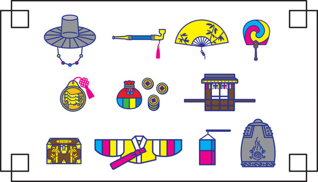 Korean traditional culture and landmark icon set, vector illustration
