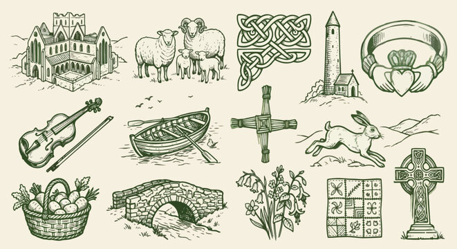 Ireland Travel Symbols Green Ink Sketch Set Vector