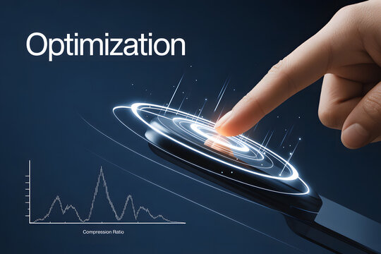 Hand touching glowing digital interface with &ldquo;Optimization&rdquo; text and compression ratio graph, symbolizing efficiency, data analysis, and computational improvement