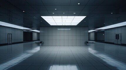Obraz premium Modern architectural design featuring a shiny tiled floor and ceiling lights reflecting on the surfaces, crafting a clean and orderly minimal space for progress and innovation