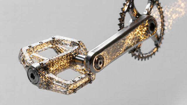 Futuristic bicycle pedal and crankset with golden particle trail. high performance metallic bike components with glowing dust. perfect for cycling, speed and tech concepts.