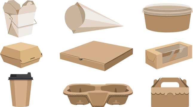 Eco Friendly Food Packaging Collection Vector Illustration Featuring Takeout Boxes Coffee Cups and Biodegradable Containers