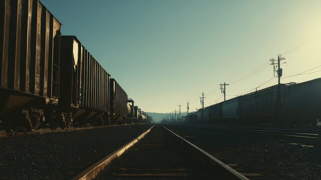 Long freight train cars sitting stationary on multiple railroad tracks, stretching into the distance under a warm, clear sky, symbolizing industry, logistics, and transportation