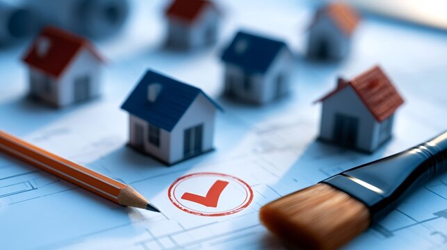 Miniature house models on a blueprint with a red checkmark represent property selection, real estate investment and construction planning, highlighting decision making in the housing market