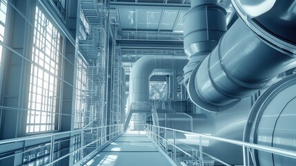 Fototapeta premium Industrial facility interior features multiple large pipes, platforms, and structural elements bathed in light, highlighting the intricate engineering and architecture of a modern processing plant