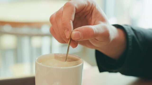 Hand dipping spoon into coffee cup, freelance writer taking midday pause at bistro table, fingers twisting spoon through foam, notebook edge visible, soft city light and quiet focus, gentle rhythm