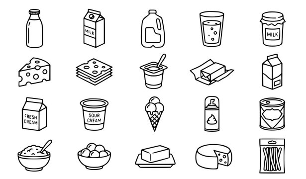 Breakfast and Cereal Icon Vector Set Including Bowls, Milk, Cereal Boxes, Grains, and Beverages for Education, Cooking, and Stock Designs