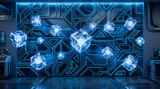 An abstract blue technology background featuring glowing fiber optics light spots and a digital world map pattern symbolizing global internet network communication and data science des