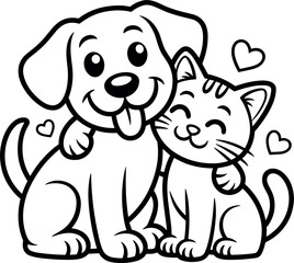 Cute Puppy and Kitten Coloring Page Vector Design Featuring Best Friends Cartoon Outline Illustration Isolated on White Background
