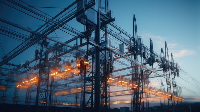 Modern electrical substation featuring glowing orange lights, metal infrastructure, and numerous power lines, distributing electricity across the grid at dusk