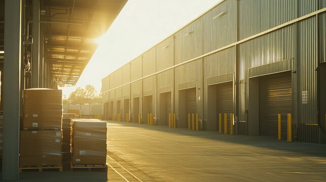 Industrial warehouse exterior with pallets of freight waiting at multiple loading dock doors during golden hour, highlighting efficient shipping and supply chain operations
