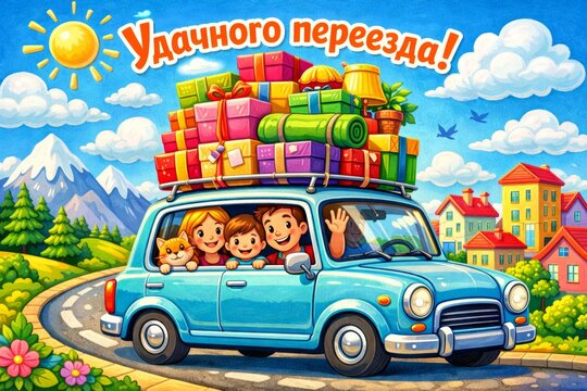 Bright postcard style illustration of car with happy family and cat driving along road during move. Luggage and household belongings are loaded on top of car, with Russian text &ldquo;Удачного