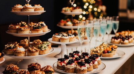Obraz premium A tiered stand holds small cakes and pastries with cream and fruit. Beside glasses of bubbly champagne await a party. Festive background lights glow softly.
