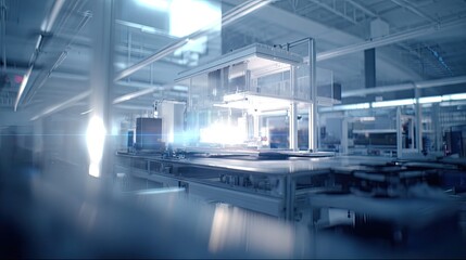 Naklejka premium Manufacturing line showing robotic machinery and automated processes within a modern production facility, highlighting precision engineering and efficient industrial operations