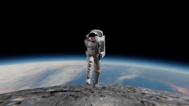 Astronaut Jumping On Moon Surface With Earth Background Space Animation