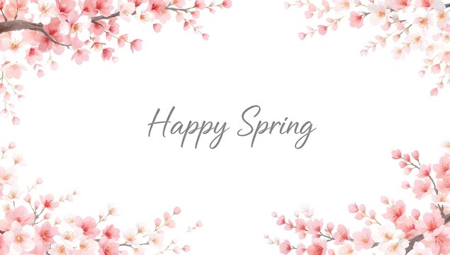 Vibrant watercolor illustration of pink cherry blossoms framing a white background with elegant gray script reading happy spring