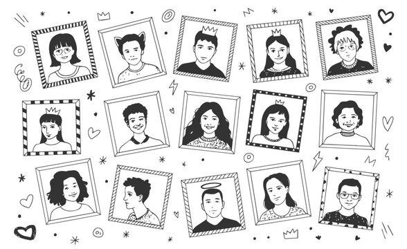 Graduation yearbook layout, photocard collage template with hand-drawn doodles on pictures. Pen-scribbled photos from the graduating class's school album and a vector mockup of the college graduation 