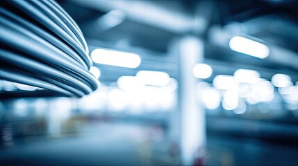 Fototapeta premium Metallic pipes forming an abstract detail of unseen industrial architecture, highlighting modern technology, engineering, and manufacturing with a cool blue bokeh background