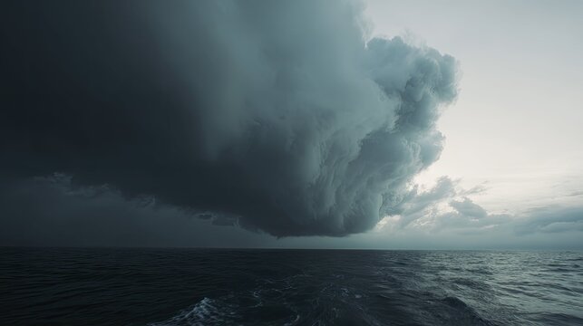 Dark storm clouds gathering rapidly over the vast expanse of the open sea, creating a dramatic and foreboding natural atmosphere on the distant horizon with rolling waves