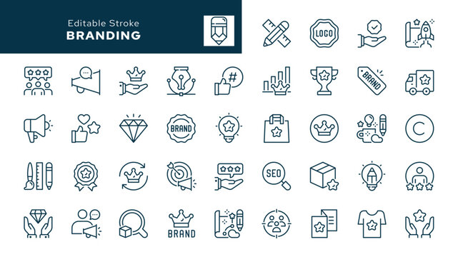 Branding outline icons set. Brand, advertising, design, logo, marketing, product, loyal customers, branded products and more. Line icon in linear style. Vector collection	