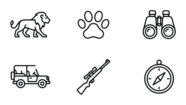 Safari Icons Set: Lion, Paw Print, Binoculars, Jeep, Rifle, Compass, Wildlife Adventure Vector Graphics