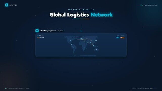 Global logistics network real time shipping tracker dashboard with dark blue map