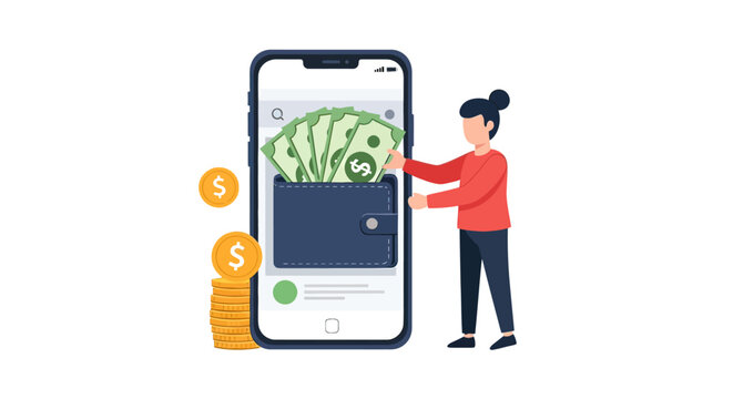 Woman holding phone with money transfer.