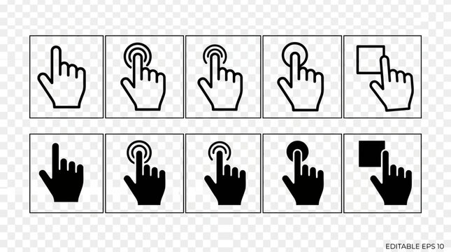Conceptual vector set of hand cursor icons demonstrating various digital user interface interactions and touch gestures including clicking, tapping, and dragging actions
