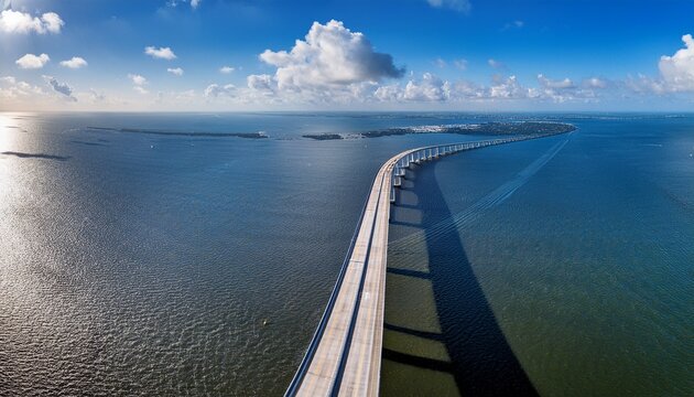 drone panoramic view of sunshine skyway bridge over tampa bay at a tilted angle