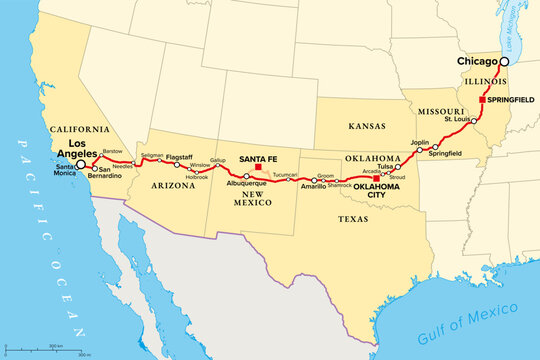 U.S. Route 66, or U.S. Highway 66, known as the Mother Road, political map. Route sixty-six, the Main Street of America, a historic route from Chicago, Illinois, to Santa Monica, California. Vector