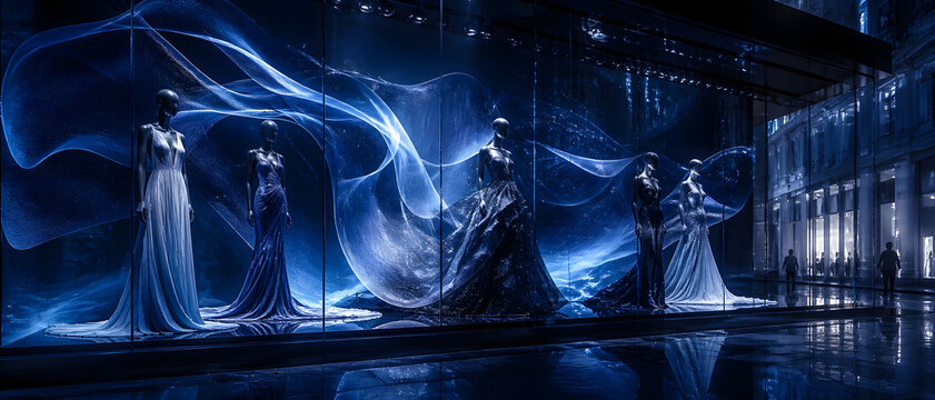 Luxury Fashion Window Display &ndash; Dramatic Evening Gown Showcase with Immersive Light Art and High-End Visual Merchandising