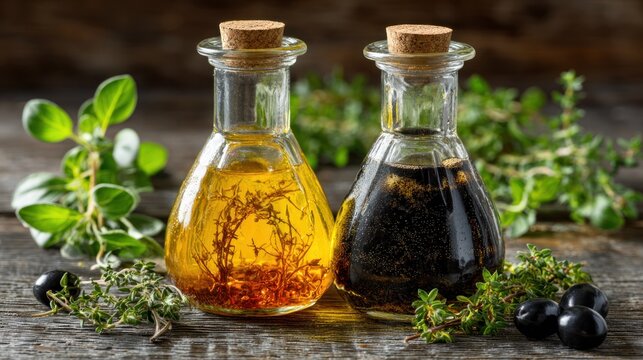 Two glass cruets containing golden infused oil and dark balsamic vinegar rest on a wooden surface surrounded by fresh herbs and dark fruit.
