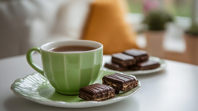 A green cup fill with coffee on the table with choco biscuits.