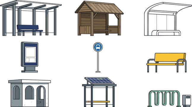 Public Infrastructure Collection Vector Illustration Featuring Bus Stops Benches Shelters Ticket Kiosks and Urban Street Furniture