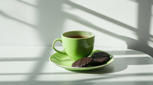 A green cup fill with coffee on the table with choco biscuits.