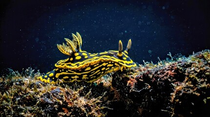 Fototapeta premium Yellow and Black Spotted Nudibranch Sea Slug Underwater Marine Life Close up for Nature and Science Editorial Use