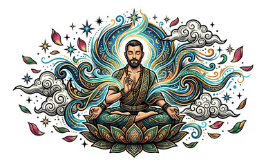 Obraz premium Meditating figure with symbolic elements illustration