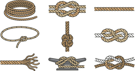 Rope and Knot Collection Vector Illustration Featuring Nautical Knots Twisted Ropes and Marine Binding Techniques © Jahangir