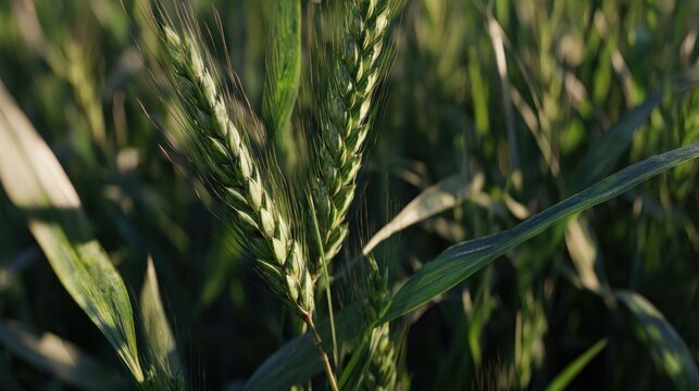 Immature grain stalks stand tall in a field under natural light