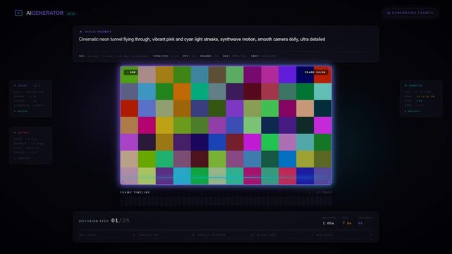 Abstract neon geometric tunnel video preview on an AI video generator software dashboard