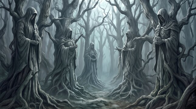 Cloaked statuesque figures merged with gnarled tree trunks in a foggy woodland. Fantasy concept of forest spirits or guardians.