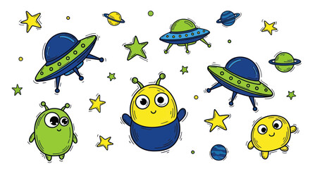 Cute Cartoon Aliens and UFOs in Space, Whimsical Sci-Fi Illustration © Fredik