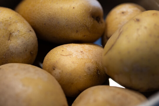 Close-up raw potatoes in a pot, vegatable, food. Vegetarian food, cooking, healthy eating, preparing meals, lunch.