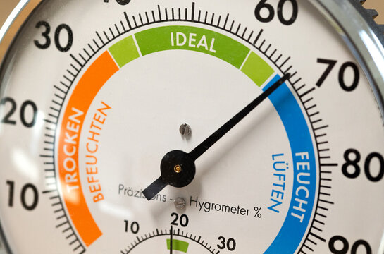 Hygrometer for displaying indoor humidity. Technical measuring device, optimal room temperature, air too dry or too humid.