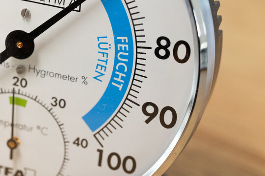 Hygrometer for displaying indoor humidity. Technical measuring device, optimal room temperature, air too dry or too humid.