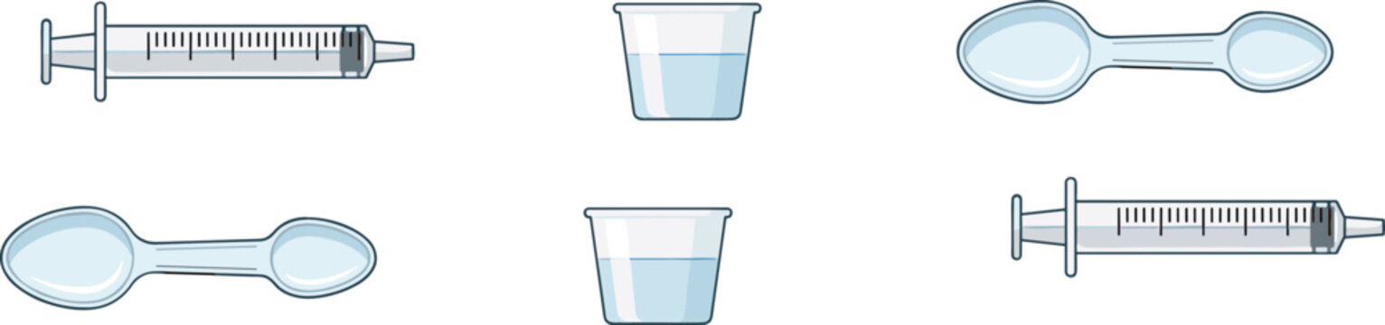Medical Measuring Accessories Vector Illustration Featuring Syringes Dosing Cups and Medicine Spoons for Healthcare Use
