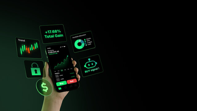 Hand Holding Smartphone with Trading App, Portfolio Gain, Rising Chart, AI Trading Bot, Bull Market Growth and Fintech Investment Dashboard.