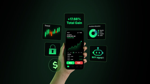 Hand Holding Smartphone with Trading App, Portfolio Gain, Rising Chart, AI Trading Bot, Bull Market Growth and Fintech Investment Dashboard.